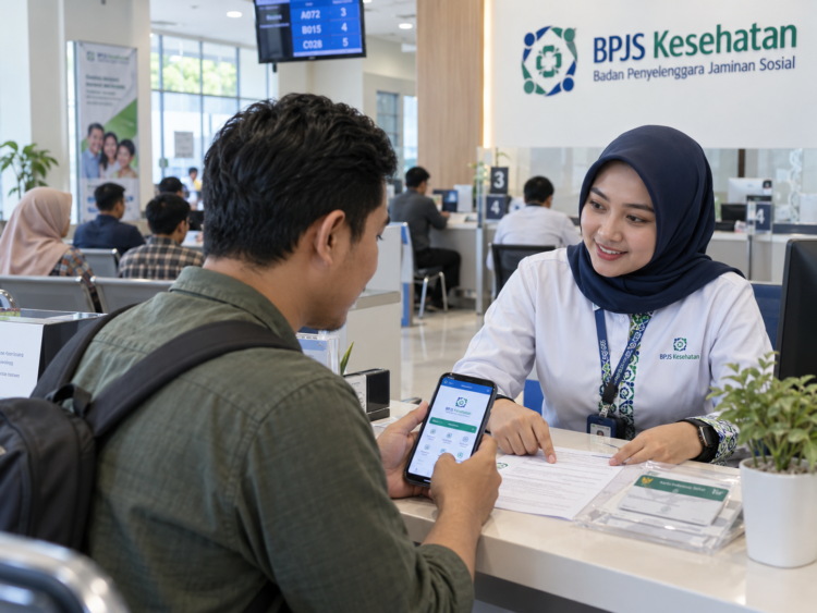 Ilustrasi petugas pelayanan membantu peserta memeriksa status kepesertaan BPJS Kesehatan melalui ponsel di loket