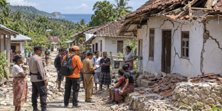 Ilustrasi warga dan petugas meninjau rumah rusak akibat gempa di Sumba Barat Daya