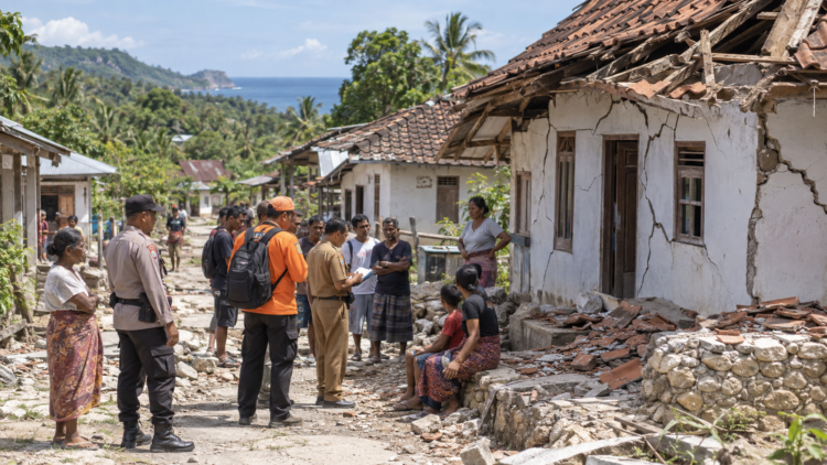 Ilustrasi warga dan petugas meninjau rumah rusak akibat gempa di Sumba Barat Daya
