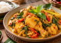 Hidangan ayam berbumbu kuning kemerahan dengan cabai merah, daun kemangi, dan serai disajikan bersama nasi putih