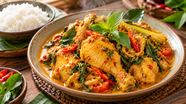 Hidangan ayam berbumbu kuning kemerahan dengan cabai merah, daun kemangi, dan serai disajikan bersama nasi putih