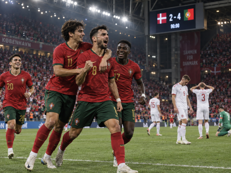 Ilustrasi pemain Portugal merayakan kemenangan atas Denmark
