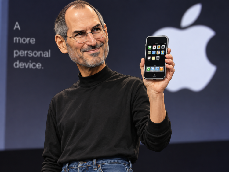 Ilustrasi karikatur Steve Jobs memegang iPhone generasi pertama