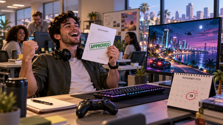 Ilustrasi pekerja di kantor mengangkat formulir cuti disetujui di samping monitor game dan kalender 19 November 2026