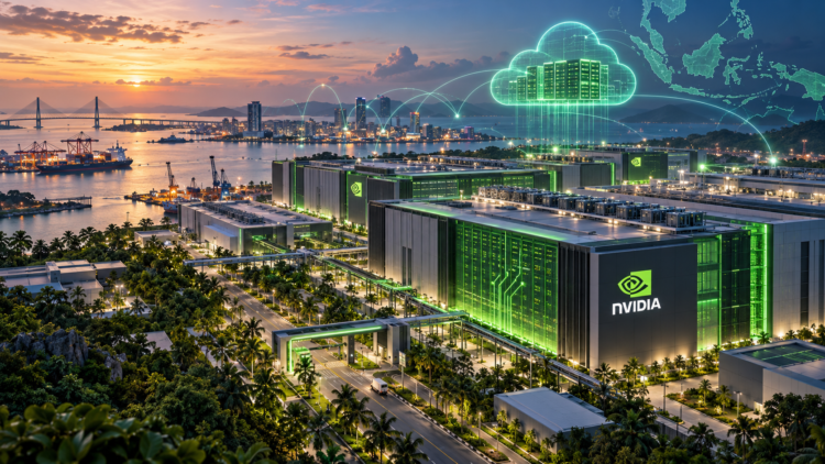 Ilustrasi digital kompleks pusat data dengan lampu hijau, logo Nvidia, dan latar kawasan pesisir serta pelabuhan