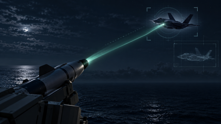 Ilustrasi sistem lidar memindai jet tempur siluman di malam hari
