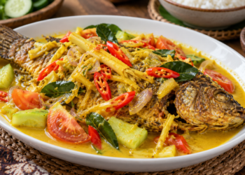 Ikan nila goreng dengan saus bumbu kuning, irisan cabai merah, tomat, dan mentimun pada piring putih