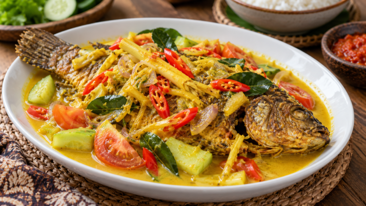 Ikan nila goreng dengan saus bumbu kuning, irisan cabai merah, tomat, dan mentimun pada piring putih