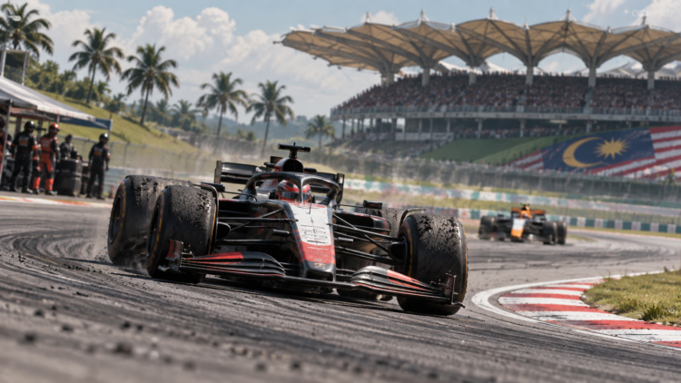 Ilustrasi mobil Formula 1 melaju di Sepang International Circuit