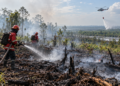 Ilustrasi petugas memadamkan sisa api di lahan terbakar sementara helikopter melakukan penyiraman dari udara