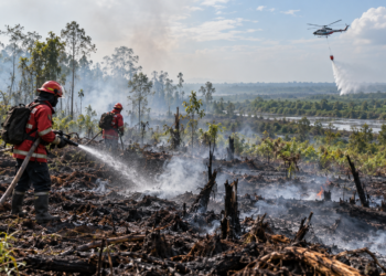 Ilustrasi petugas memadamkan sisa api di lahan terbakar sementara helikopter melakukan penyiraman dari udara