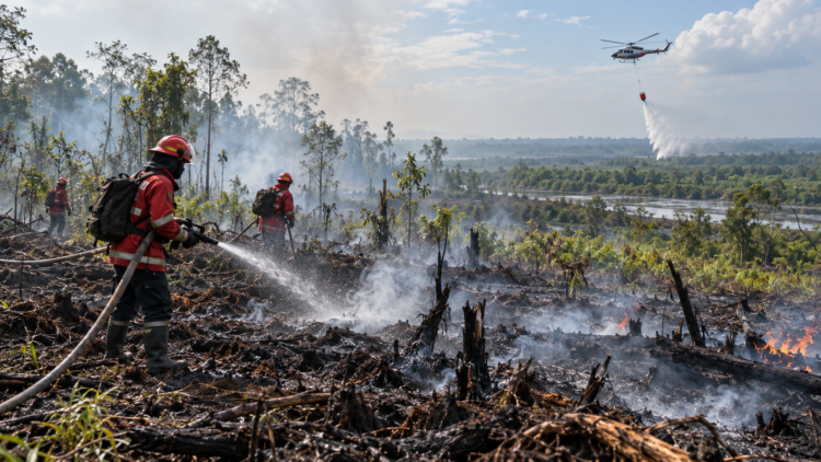 Ilustrasi petugas memadamkan sisa api di lahan terbakar sementara helikopter melakukan penyiraman dari udara