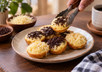 Kue cubit disajikan dengan topping meses cokelat dan keju
