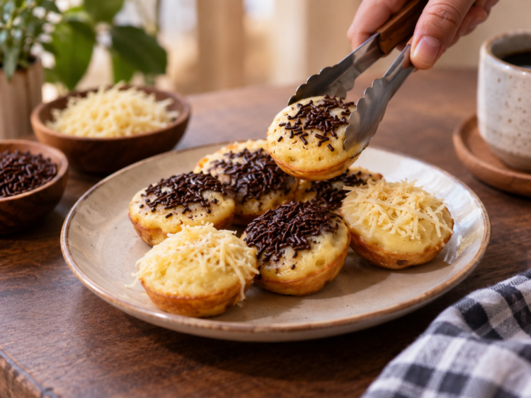 Kue cubit disajikan dengan topping meses cokelat dan keju