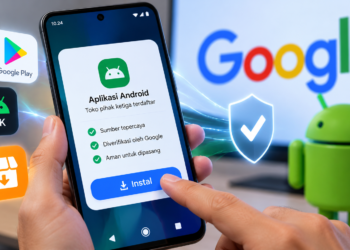 Ilustrasi ponsel Android menampilkan tombol instal dengan ikon toko aplikasi dan pelindung keamanan
