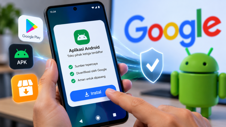 Ilustrasi ponsel Android menampilkan tombol instal dengan ikon toko aplikasi dan pelindung keamanan