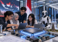Ilustrasi para insinyur berdiskusi di laboratorium dengan laptop, cip semikonduktor besar, robot, dan rak server di latar belakang