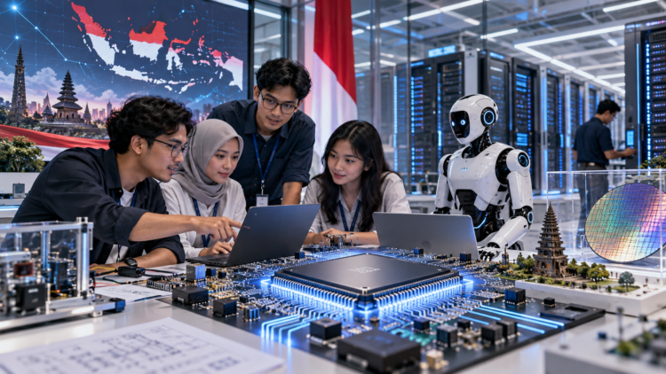 Ilustrasi para insinyur berdiskusi di laboratorium dengan laptop, cip semikonduktor besar, robot, dan rak server di latar belakang