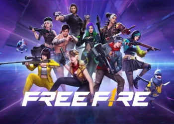 Poster game Free Fire berisi sejumlah karakter bersenjata dengan latar ungu dan logo Free Fire di bagian bawah