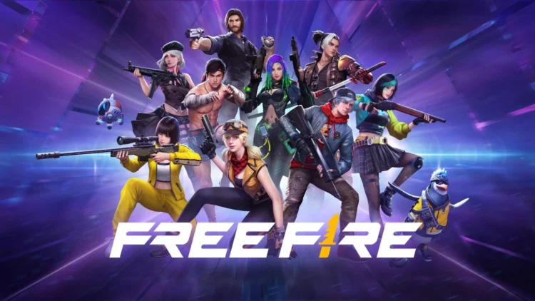 Poster game Free Fire berisi sejumlah karakter bersenjata dengan latar ungu dan logo Free Fire di bagian bawah