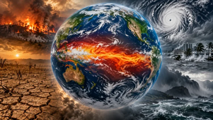 Ilustrasi El Nino yang menguat di seluruh dunia dengan dampak cuaca ekstrem, kekeringan, badai, dan kebakaran.