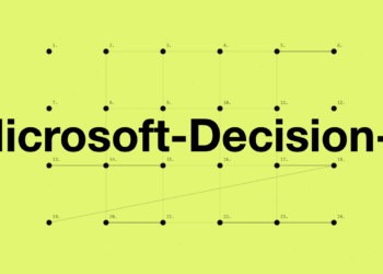 Grafis berwarna hijau terang dengan tulisan Microsoft-Decision-1, titik-titik bernomor dan garis penghubung