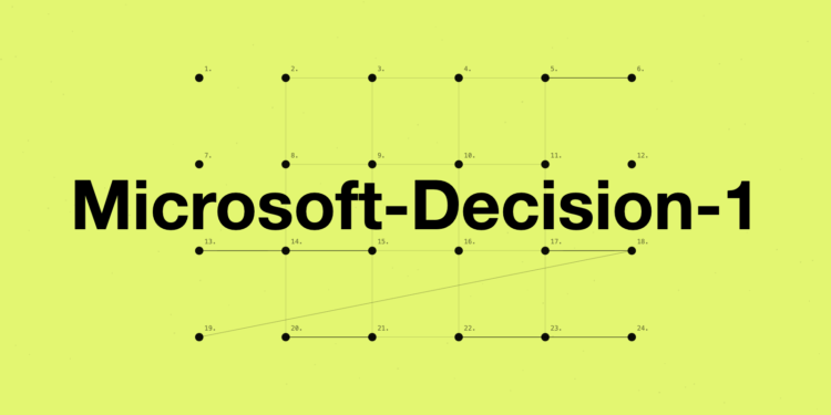 Grafis berwarna hijau terang dengan tulisan Microsoft-Decision-1, titik-titik bernomor dan garis penghubung
