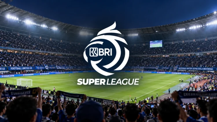 Ilustrasi stadion sepak bola pada malam hari dengan logo BRI Super League di tengah lapangan