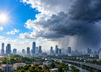 Ilustrasi pemandangan kota dengan langit cerah dan matahari di sisi kiri serta awan gelap, hujan deras, dan kilat di sisi kanan