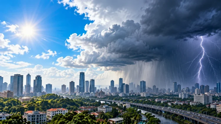 Ilustrasi pemandangan kota dengan langit cerah dan matahari di sisi kiri serta awan gelap, hujan deras, dan kilat di sisi kanan