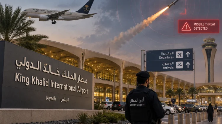 Ilustrasi digital terminal Bandara King Khalid di Riyadh, pesawat di langit, gambar rudal dan grafis peringatan ancaman rudal