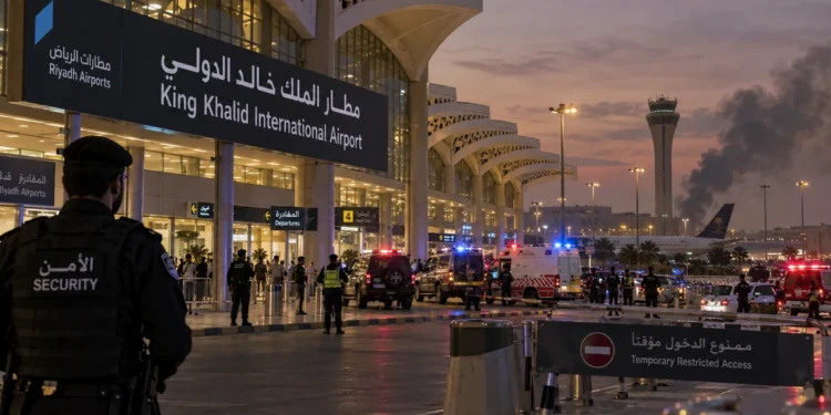 Ilustrasi petugas keamanan dan kendaraan darurat di Bandara Internasional King Khalid, Riyadh.