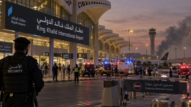 Ilustrasi petugas keamanan dan kendaraan darurat di Bandara Internasional King Khalid, Riyadh.