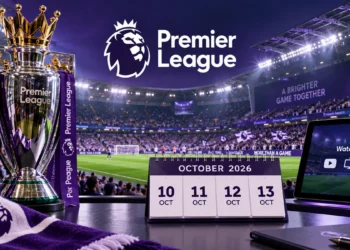 Ilustrasi jadwal Liga Inggris 10–13 Oktober 2026 dengan logo Premier League, trofi, dan tayangan pertandingan sepak bola.