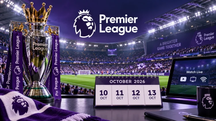Ilustrasi jadwal Liga Inggris 10–13 Oktober 2026 dengan logo Premier League, trofi, dan tayangan pertandingan sepak bola.
