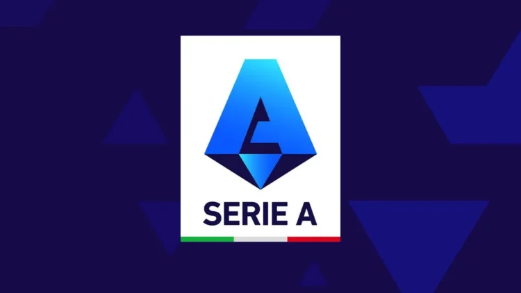 Logo resmi Serie A berwarna biru pada latar grafis biru tua.