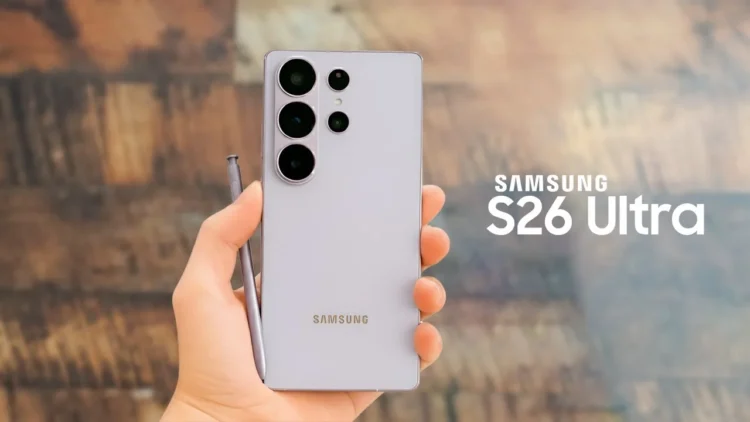 Bagian belakang Samsung Galaxy S26 Ultra berwarna abu-abu terang dipegang dengan tangan, terlihat kamera belakang dan S Pen, disertai tulisan Samsung S26 Ultra