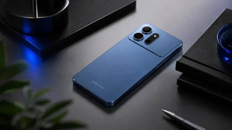 Bagian belakang ponsel berlogo Samsung berwarna biru dengan tiga kamera yang diletakkan di atas meja