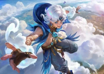 Artwork karakter Sora berambut putih dengan jubah biru melayang di atas awan dan mengulurkan tangan ke depan