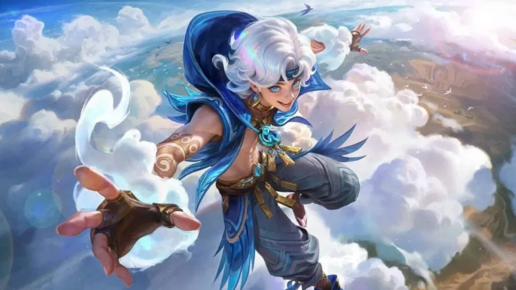 Artwork karakter Sora berambut putih dengan jubah biru melayang di atas awan dan mengulurkan tangan ke depan