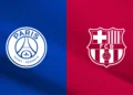 Logo Paris Saint-Germain pada latar biru dan logo FC Barcelona pada latar merah.
