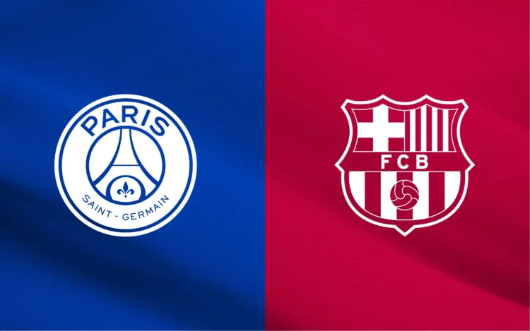 Logo Paris Saint-Germain pada latar biru dan logo FC Barcelona pada latar merah.