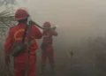 Dua petugas pemadaman kebakaran berseragam merah membawa selang air di kawasan lahan yang diselimuti asap tebal