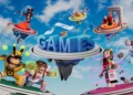 Ilustrasi promosi Roblox bertuliskan The Games dengan beberapa avatar berwarna-warni di atas platform melayang