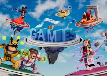 Ilustrasi promosi Roblox bertuliskan The Games dengan beberapa avatar berwarna-warni di atas platform melayang