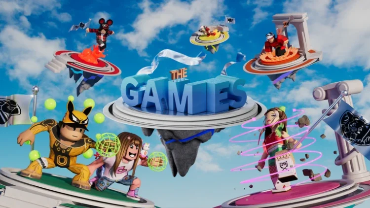 Ilustrasi promosi Roblox bertuliskan The Games dengan beberapa avatar berwarna-warni di atas platform melayang