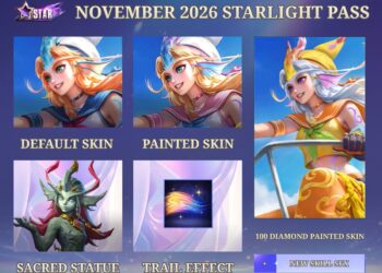 Poster Starlight November 2026 menampilkan Kalea Tideborn Sailor, variasi painted skin, Sacred Statue, dan Trail Effect