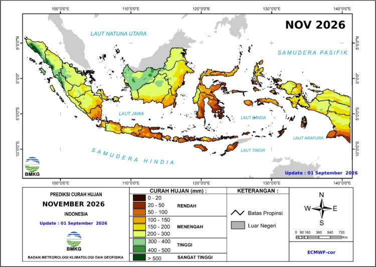 Peta prediksi curah hujan bulanan November 2026 untuk Indonesia dengan kategori hujan rendah hingga sangat tinggi menurut BMKG, pembaruan 1 September 2026