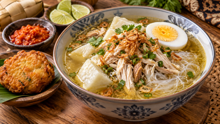 Semangkuk Soto Banjar dengan kuah bening keemasan, ayam suwir, ketupat, soun, telur rebus, dan bawang goreng